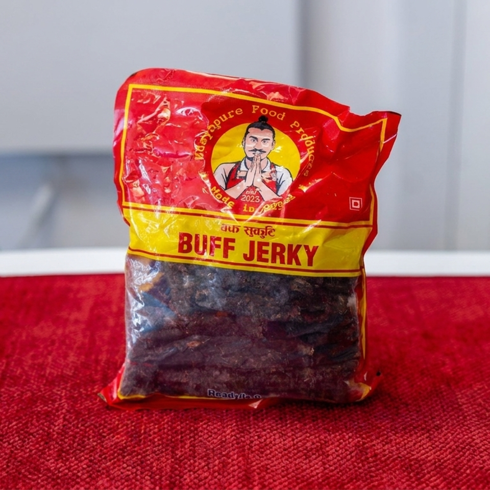 Bag of Nepalese buff jerky displayed on a red cloth-covered table.
