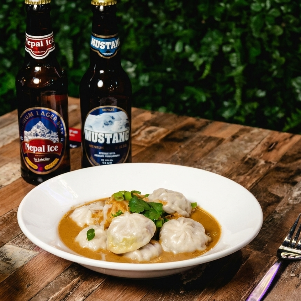 Plate of steamed dumplings in brown sauce with cilantro, alongside Nepal Ice and Mustang beer bottles on a rustic wooden table.