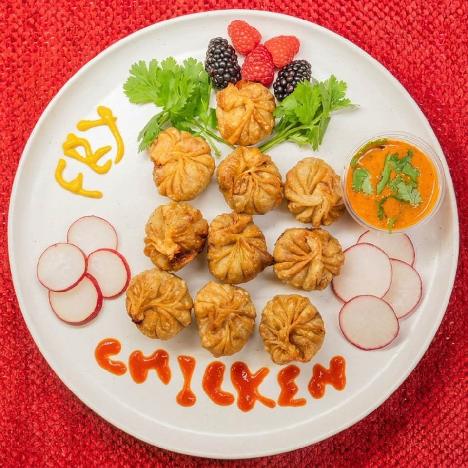 Plate of golden steamed dumplings with spicy dipping sauce, radish slices, herbs, berries, and colorful sauce lettering on red fabric.