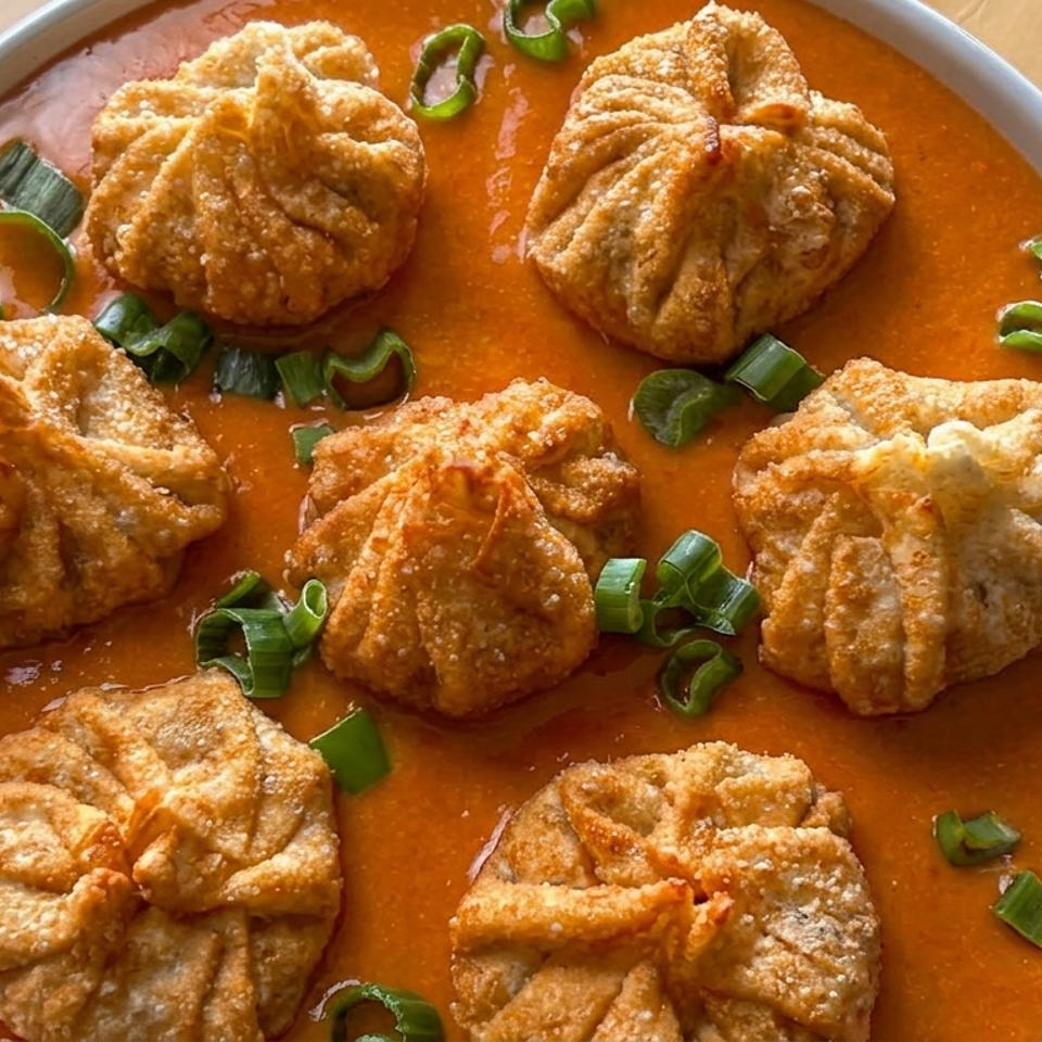 Six golden fried dumplings topped with scallions, arranged in a shallow bowl of vibrant orange sauce.