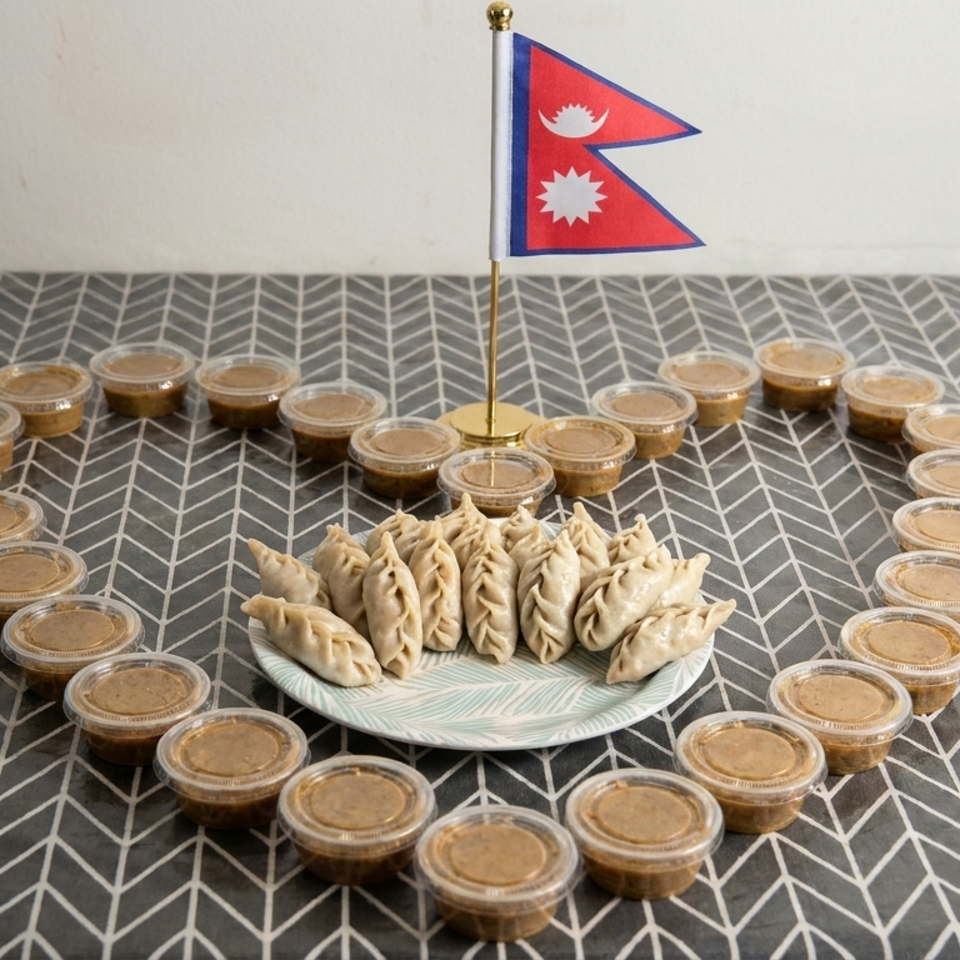 Steamed momos surrounded by small containers of dipping sauce, arranged beneath a Nepalese flag on a patterned tablecloth.