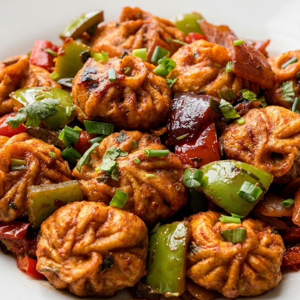 Spicy stir-fried dumplings with green and red peppers, onions, and fresh herbs on a white plate.