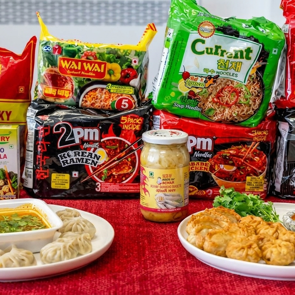 Packaged Korean noodles, Canton jerky, momo masala, jars, and plates of steamed and fried dumplings with dipping sauces.