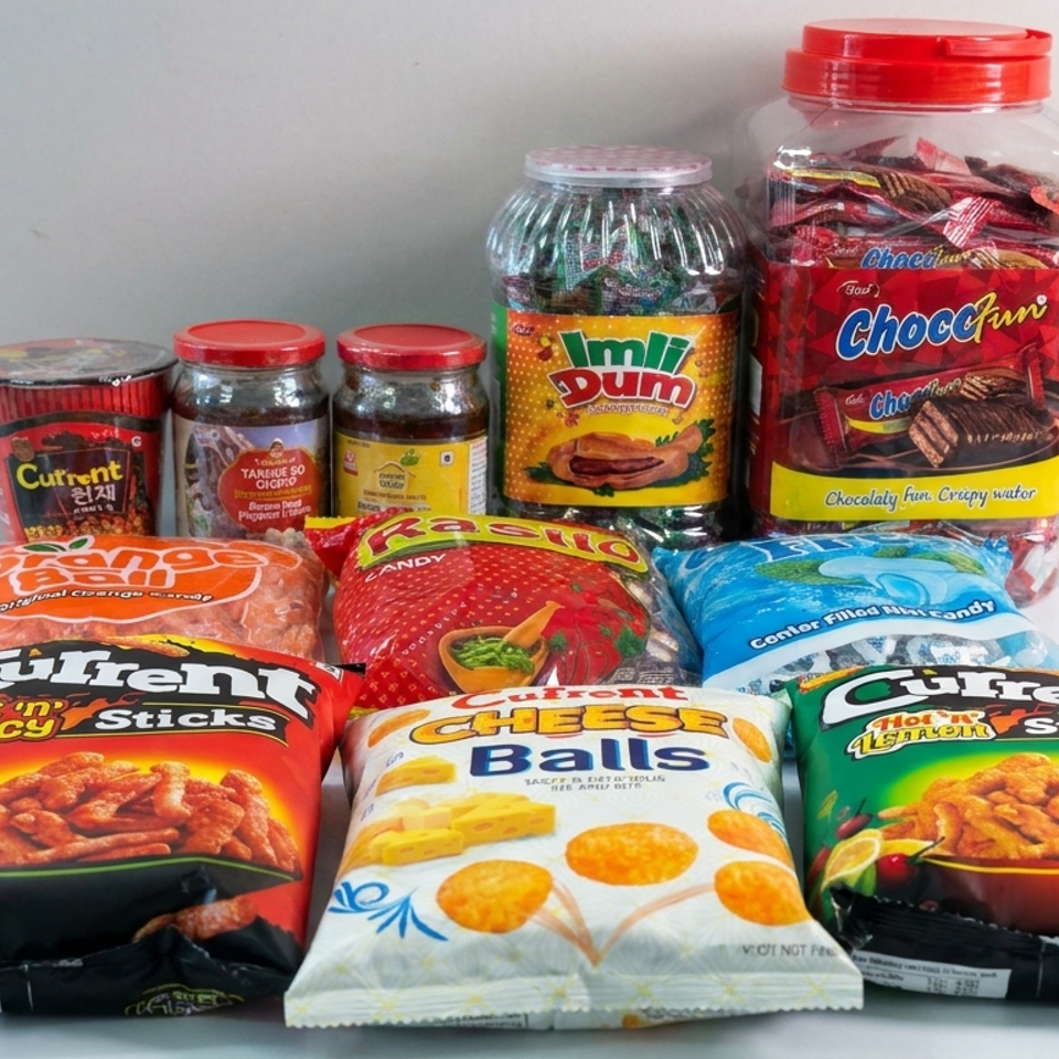 Assortment of packaged Asian snacks, candies, cheese balls, spicy sticks, and jars of colorful sweets arranged on a table.